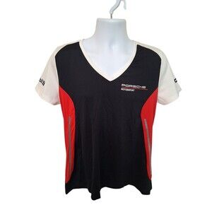 Porsche Motorsport T-shirt Men's L Black White Red V neck Logo Black Athletic